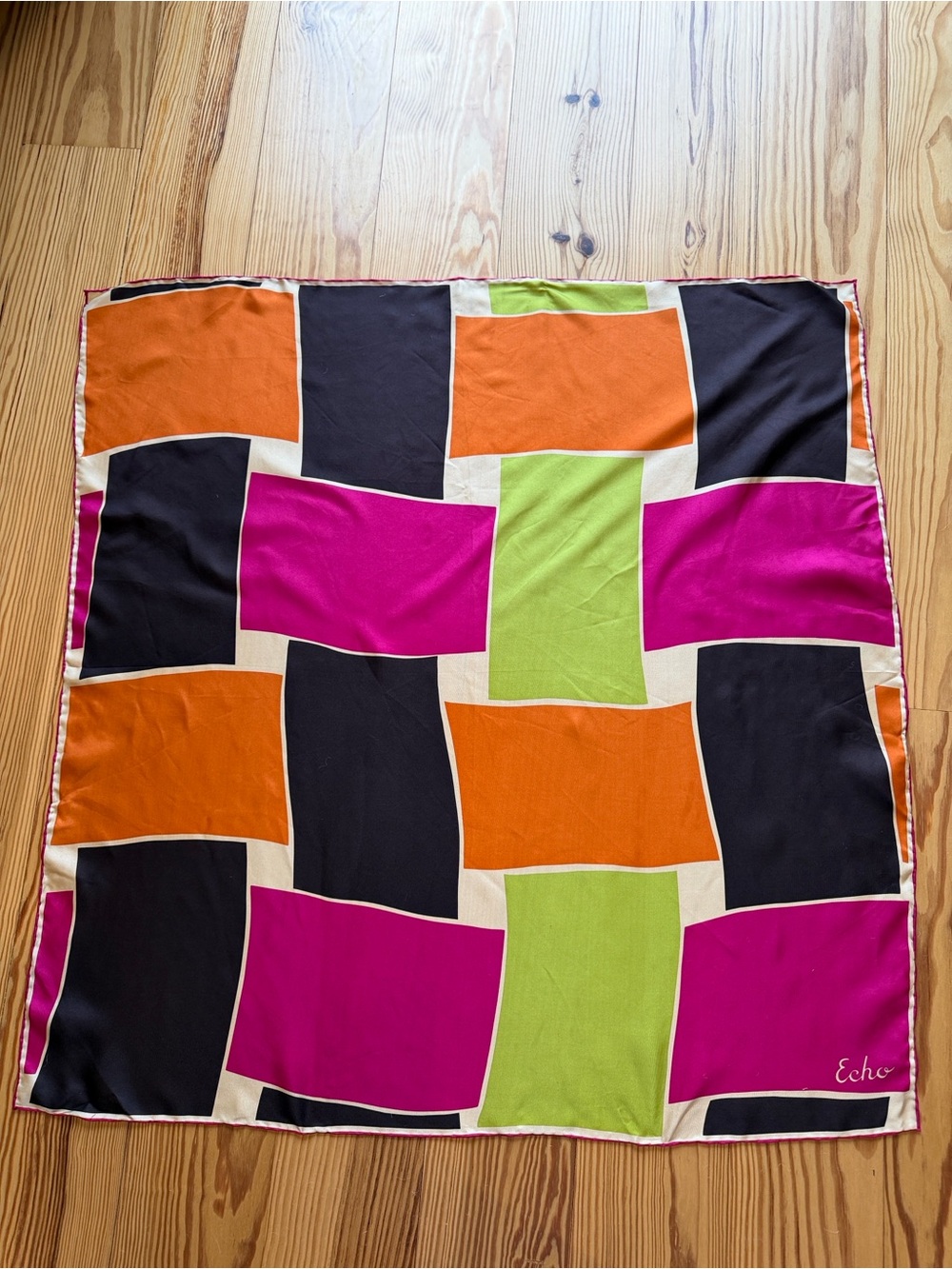 Echo Geometric Colorblock Silk Scarf in Fuchsia, Orange, Lime & Black